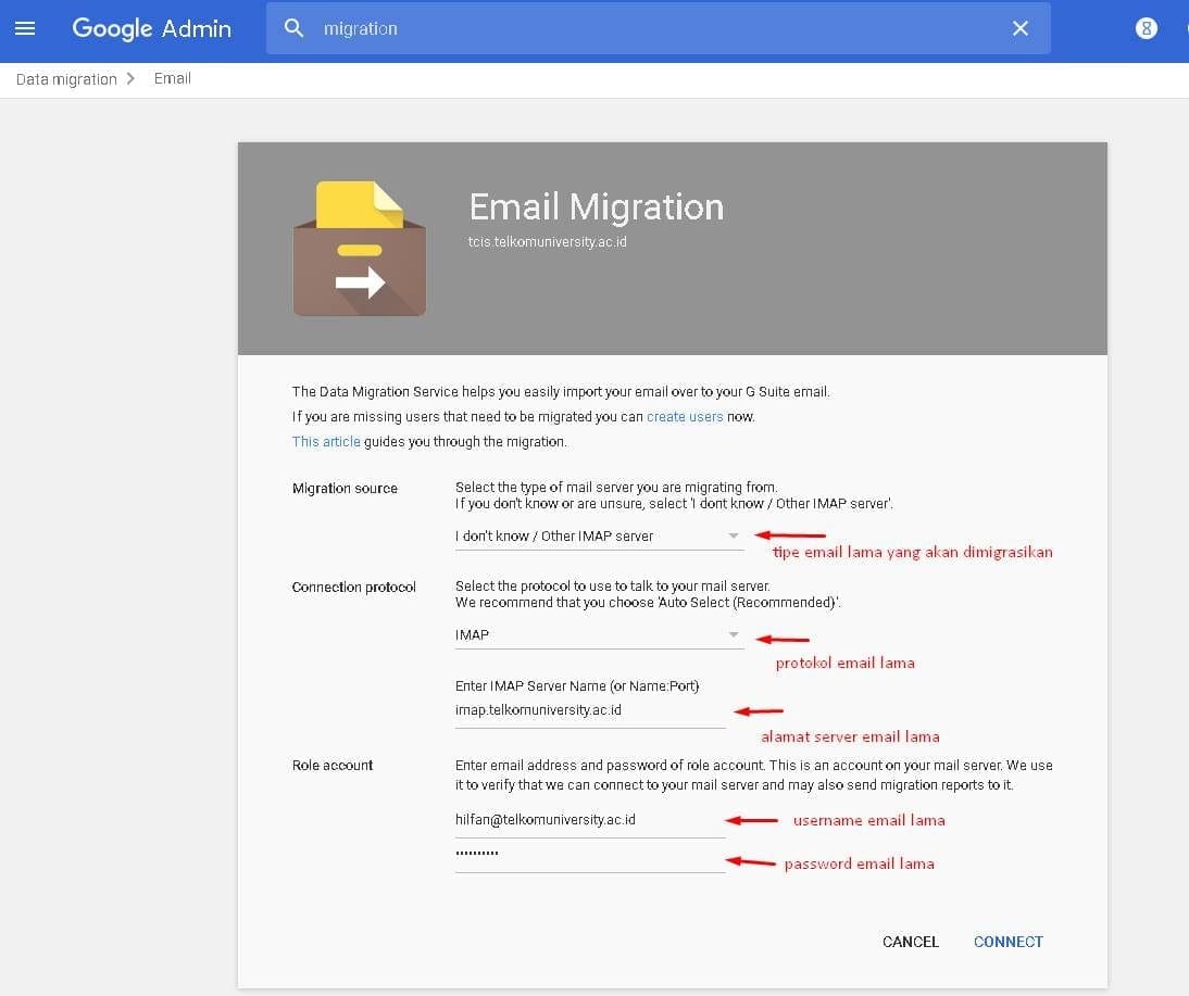 admin google konfigurasi email yang akan dimigrasikan